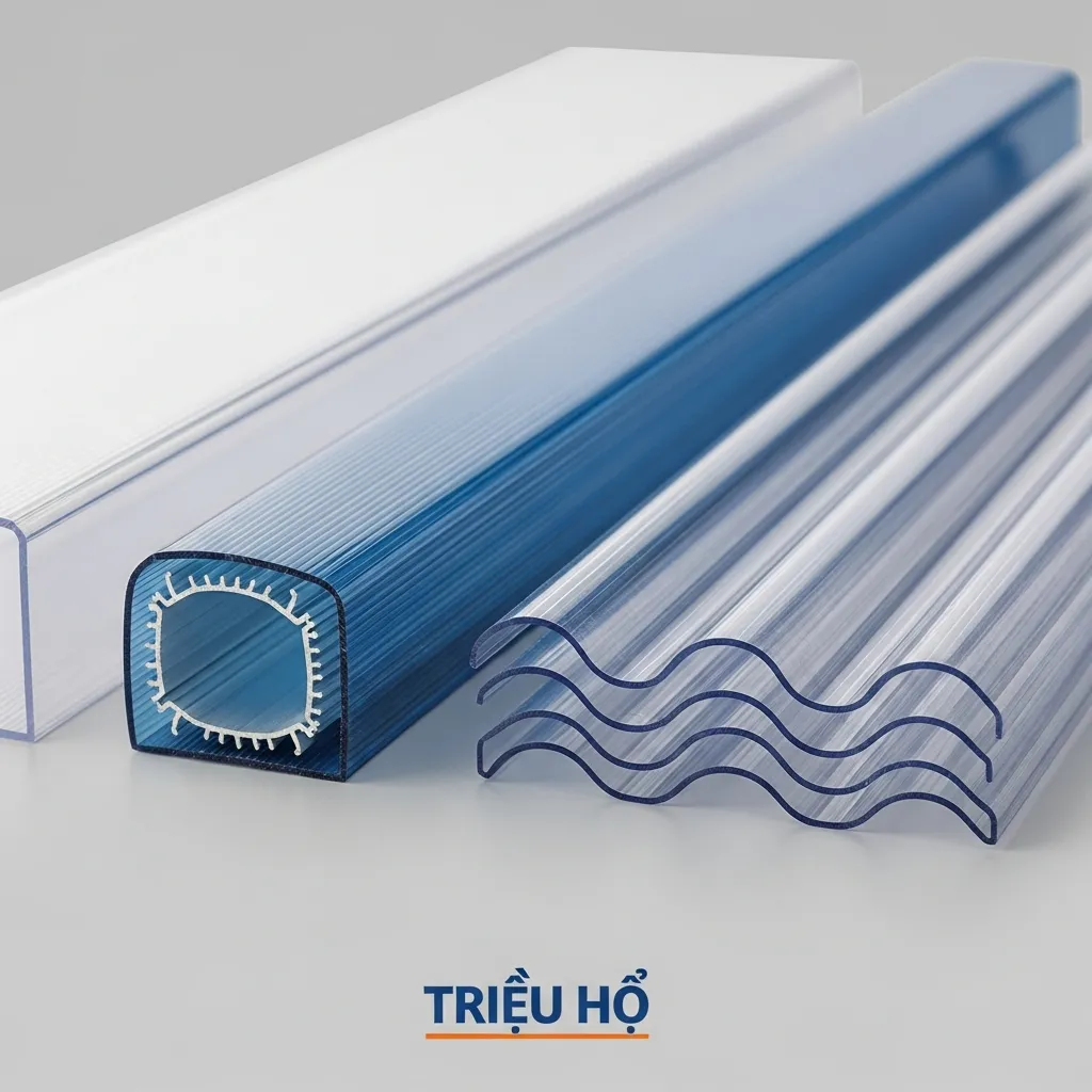 Hình ảnh so sánh cấu tạo tấm lợp polycarbonate đặc, rỗng và dạng sóng từ Triệu Hổ