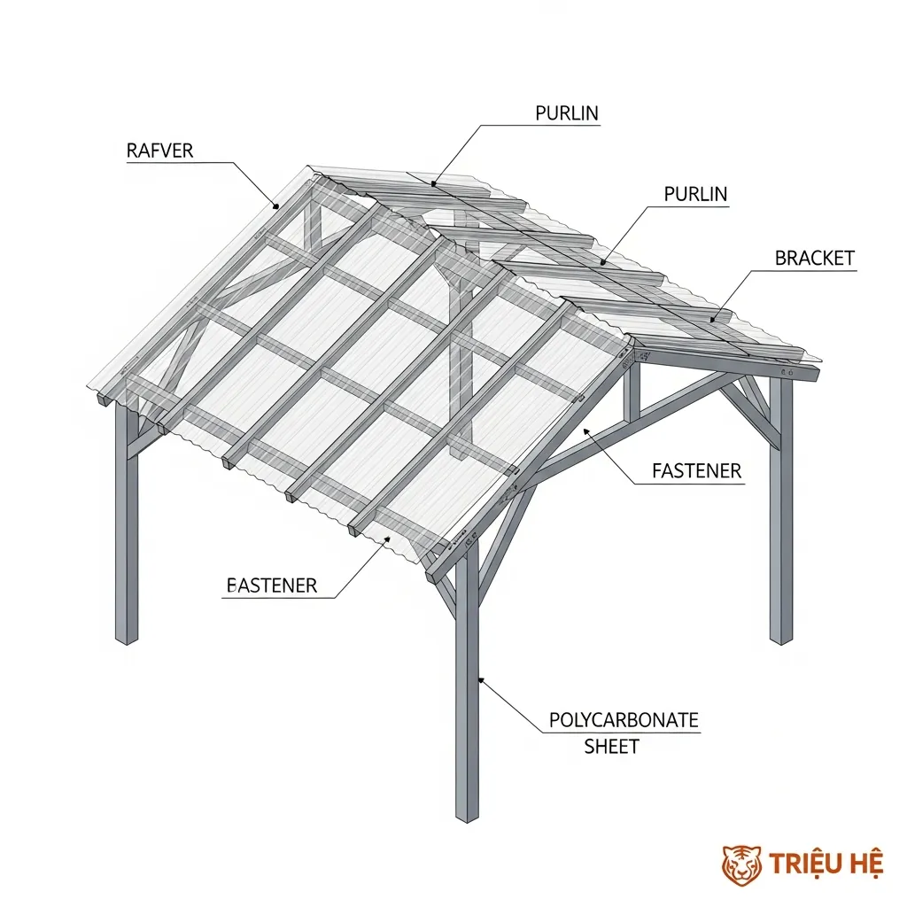 Sơ đồ chi tiết cấu tạo khung xà gồ và kèo lắp đặt tấm lợp polycarbonate đúng kỹ thuật Triệu Hổ