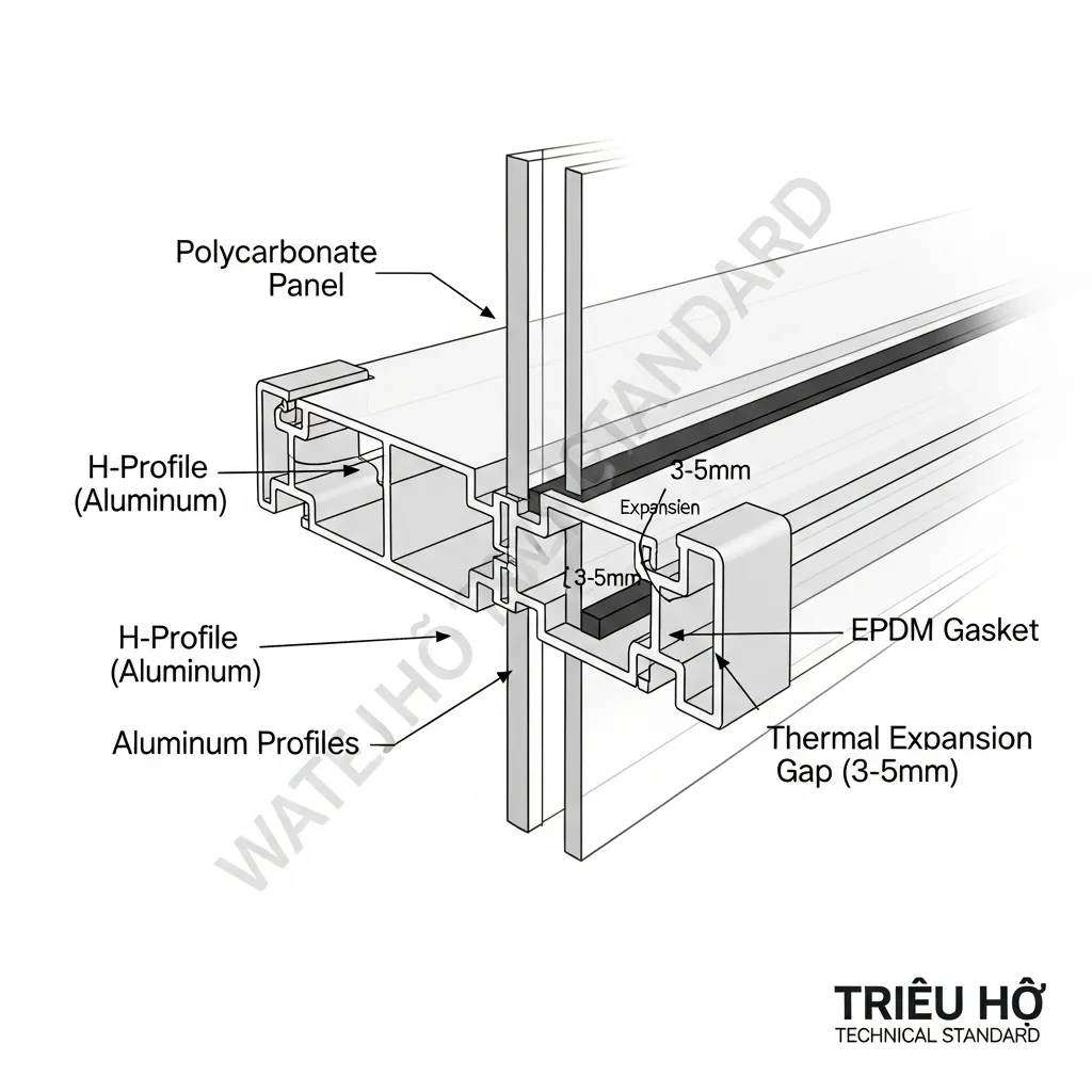 Sơ đồ kỹ thuật lắp đặt thanh nối H và thanh U cho tấm polycarbonate chuẩn Triệu Hổ